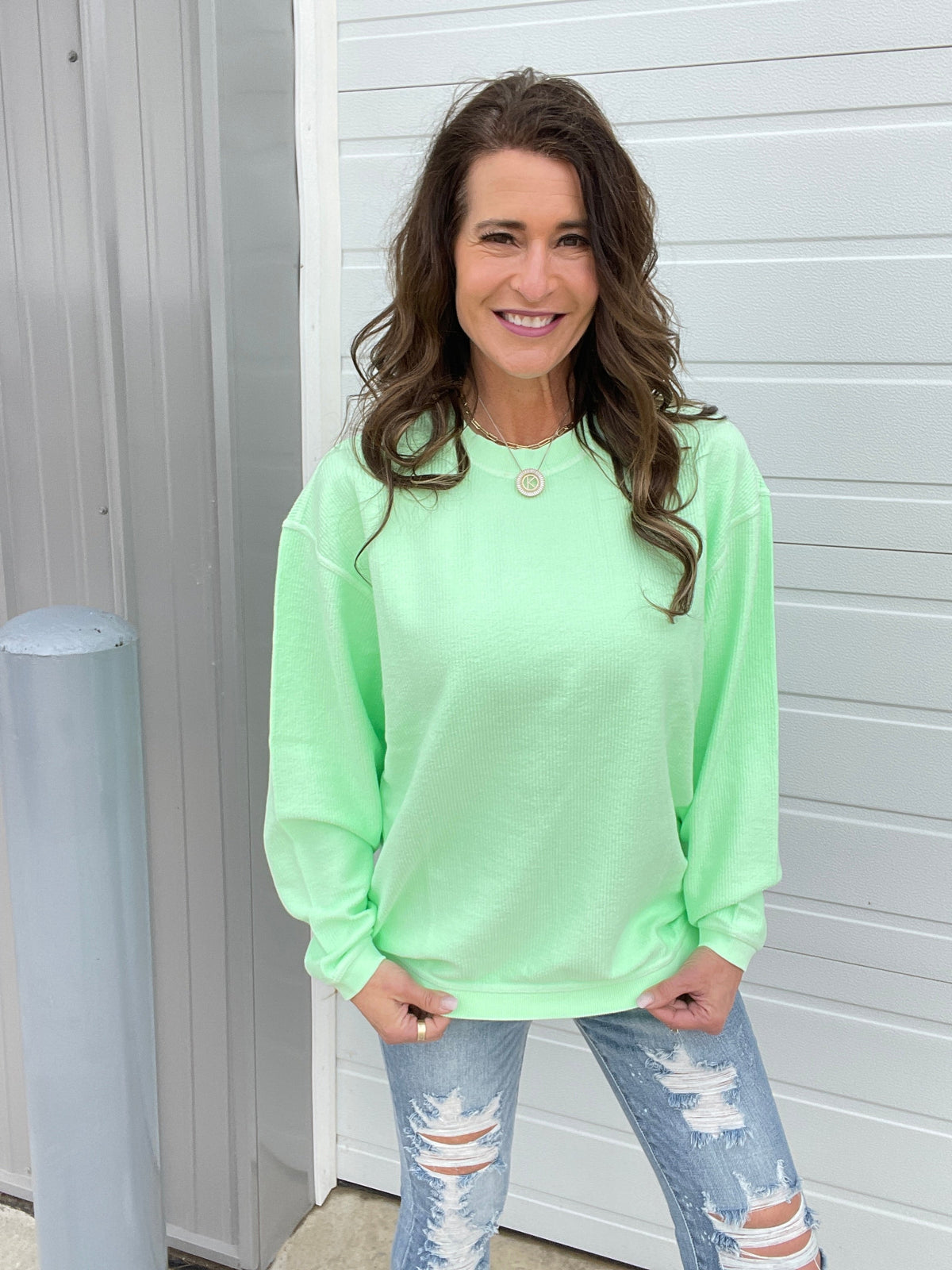 Neon Snow Washed Corded Crewneck in Neon Coral, Yellow, Pink, Lime