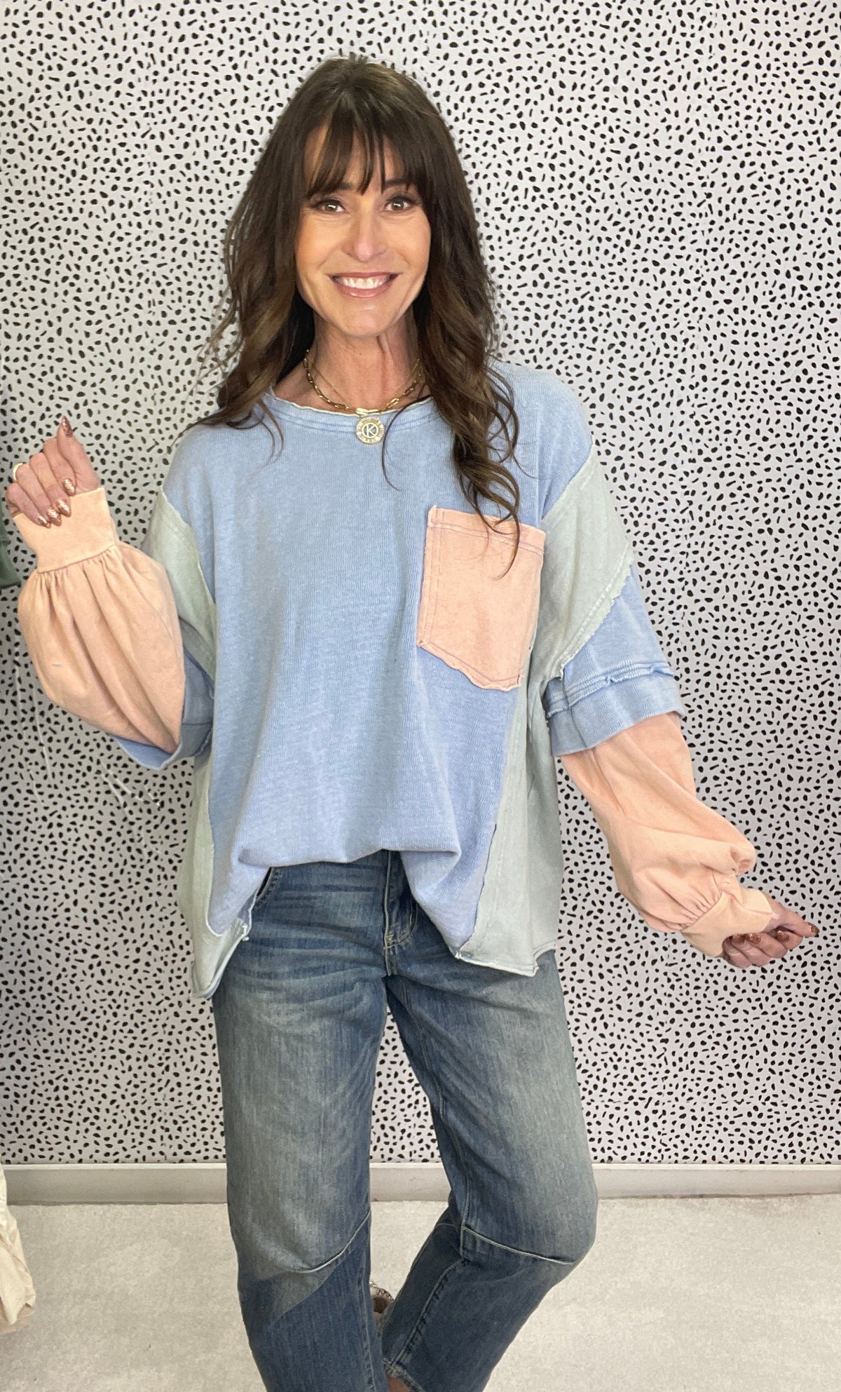 Peace Of You Back Patch Long Sleeve Top In Blue