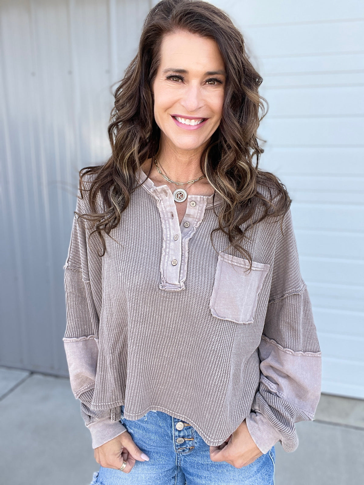 Step Right Up Thermal Mix Top In 3 Colors: Brown, Rose, Khaki *Final Sale*