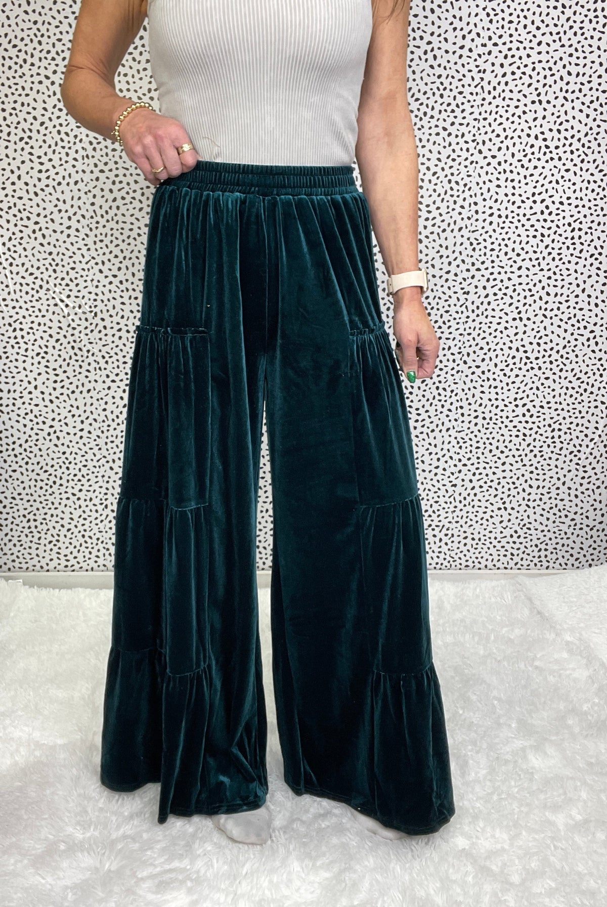 Do It Right Velvet Tiered Wide Ruffle Pants In 2 Colors *Final Sale*
