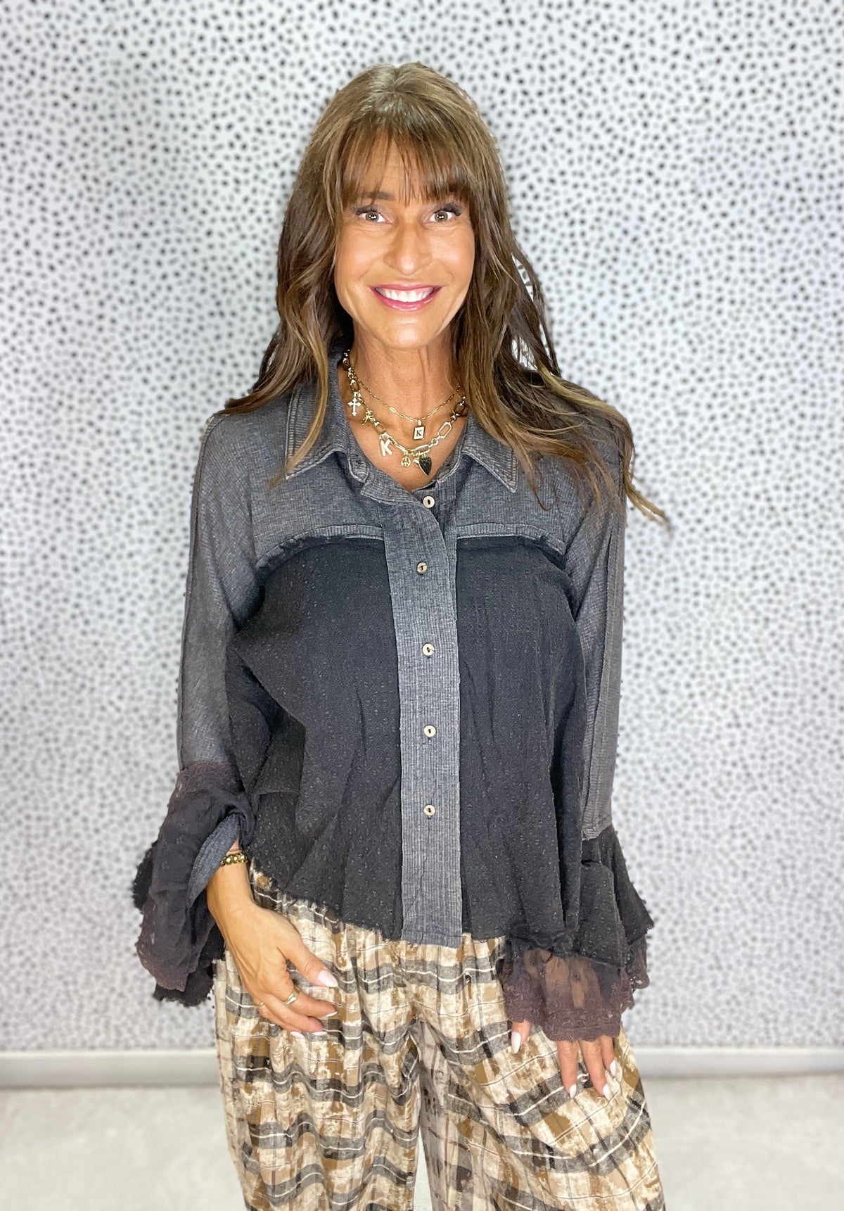 Midnight Ruffle Wing Button Top
