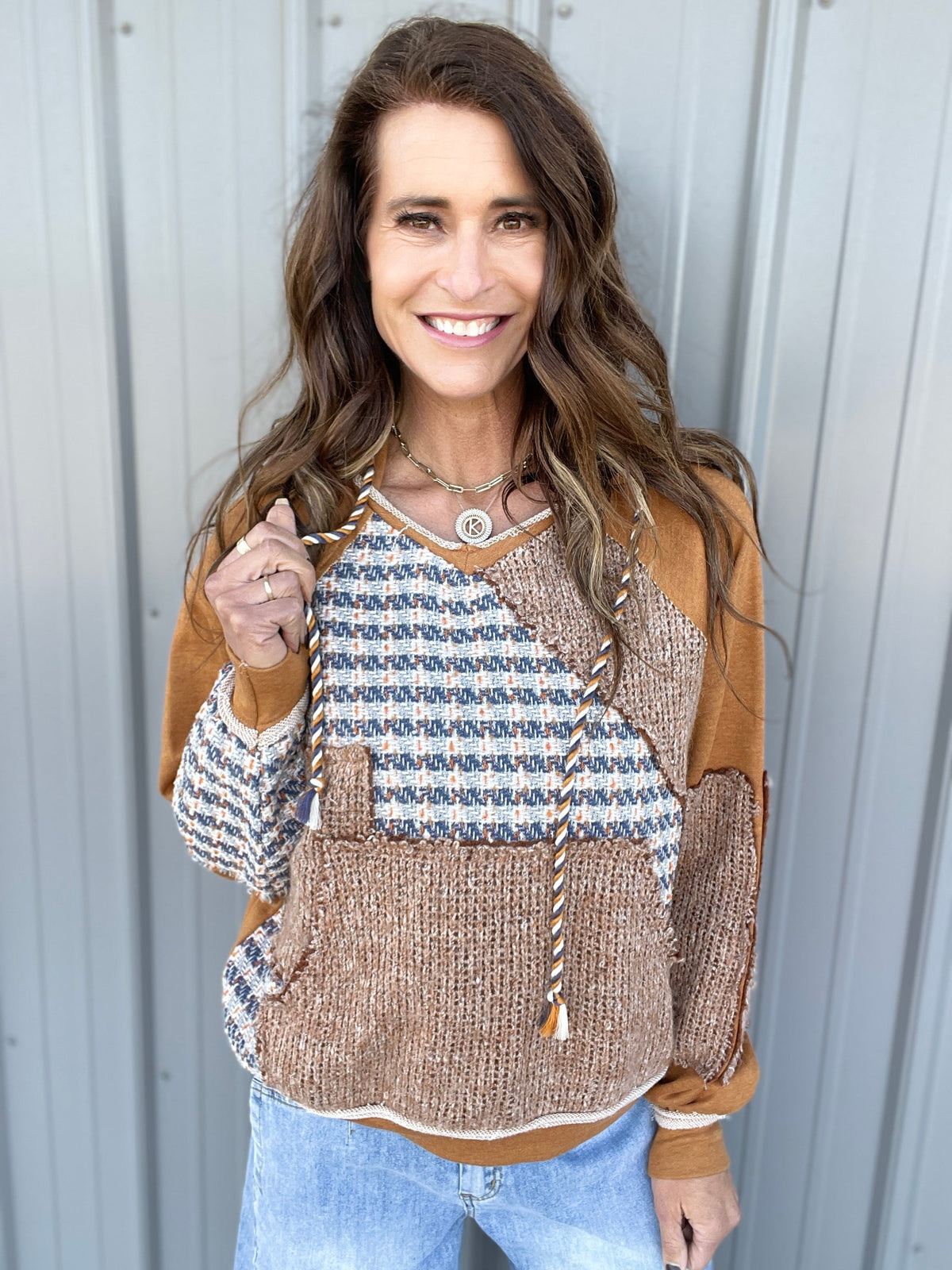 Oli & Hali Struck By You Tweed Patchwork Hoodie Top In 2 Colors *Final Sale*