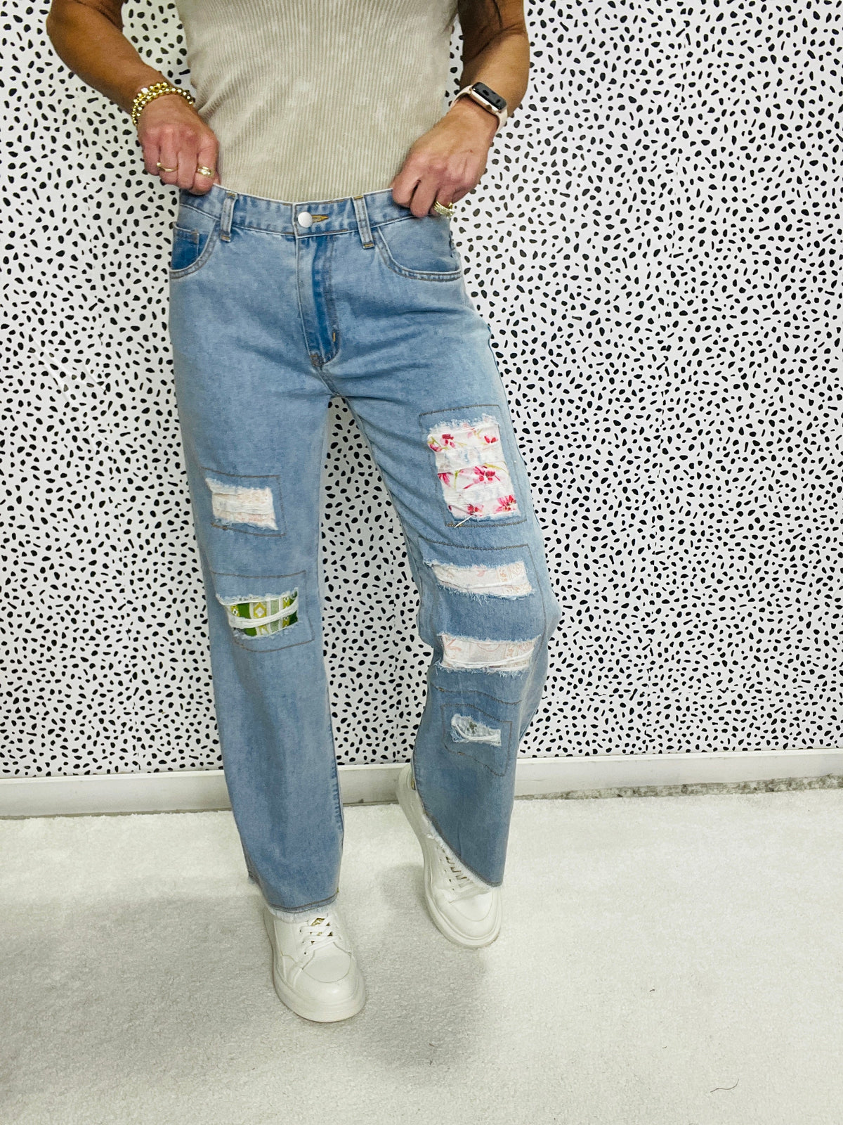 POL Call Me Fun Contrast Patch Bottoms In Denim *Final Sale*