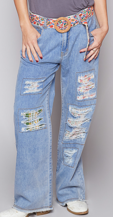 POL Call Me Fun Contrast Patch Bottoms In Denim *Final Sale*