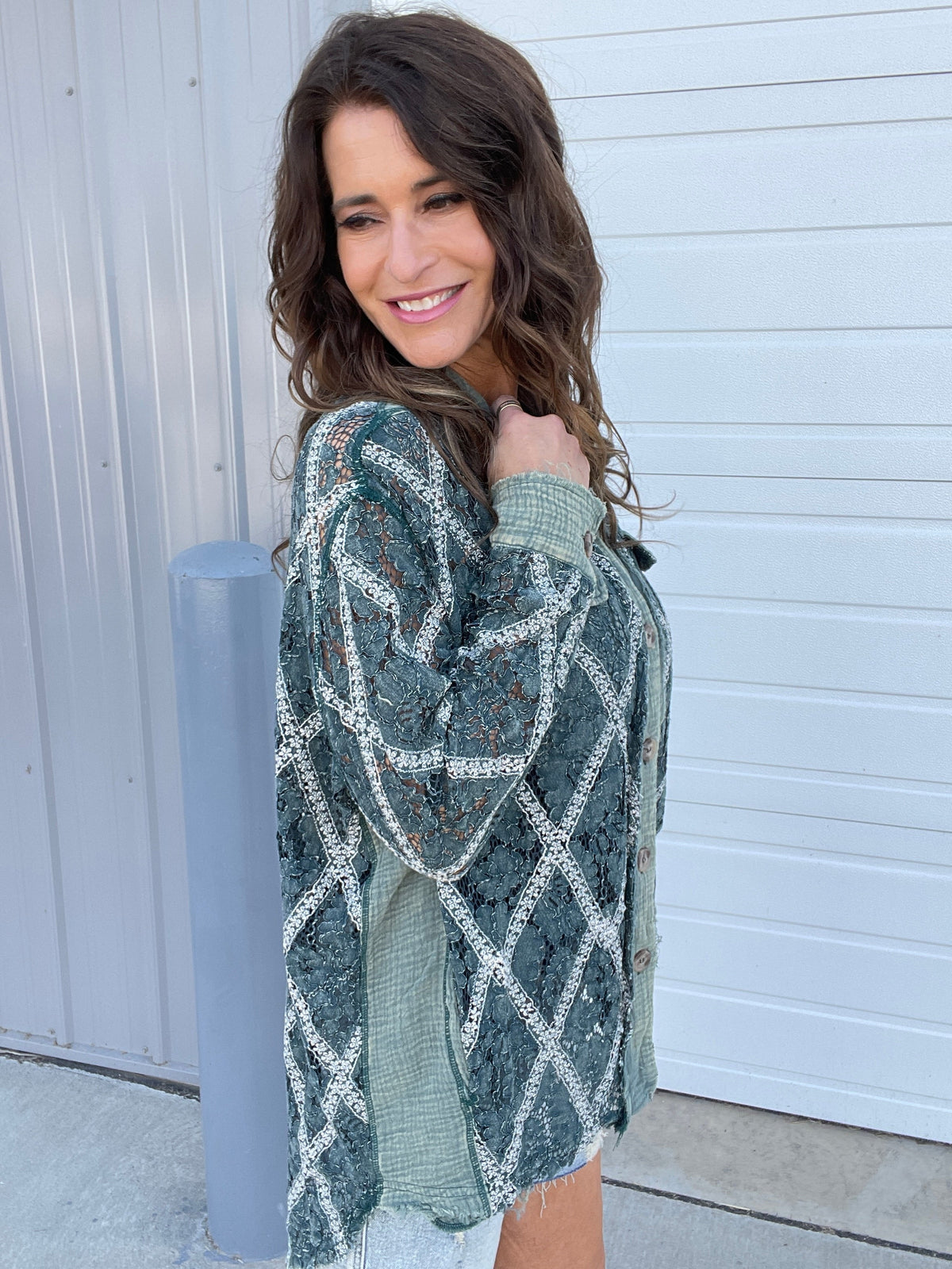 Oli & Hali Layer It Up Mineral Washed Button Up Top In Green *Final Sale*
