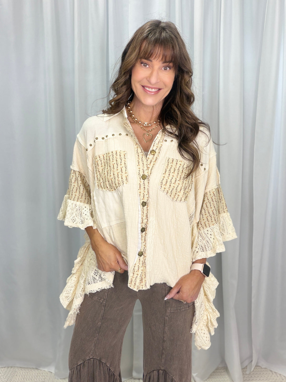 POL Prairie Bliss Ruffled Sleeve Top In Natural *Final Sale*