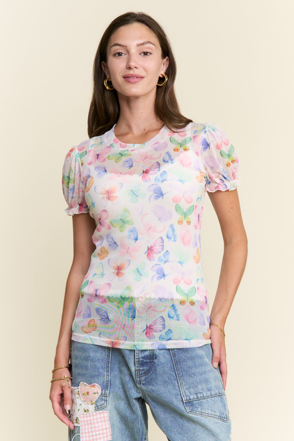 Multi Print Mesh Short Sleeve Top In 2 Colors
