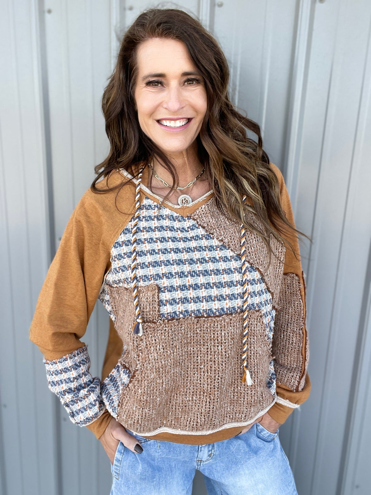 Oli & Hali Struck By You Tweed Patchwork Hoodie Top In 2 Colors *Final Sale*