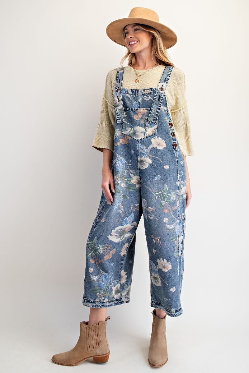 Flower Printed Washed Denim Jumpsuit In 3 Colors