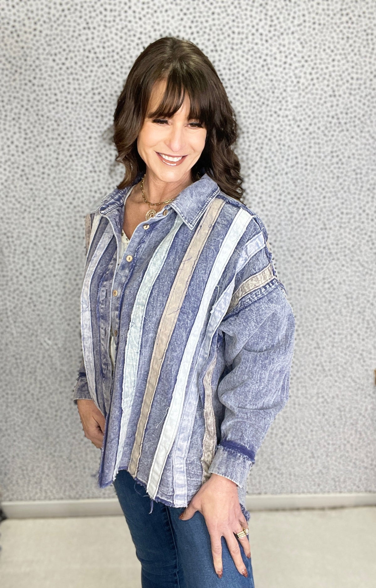 Oli & Hali Steal Your Thunder Stripe Button Down Top In Denim *Final Sale*