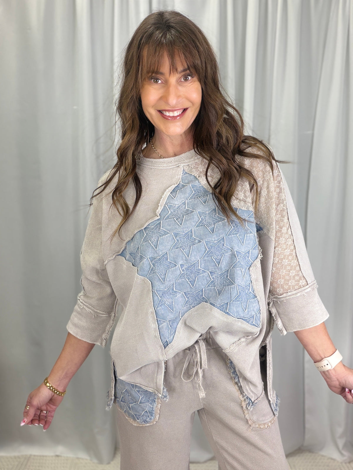 Star Patchwork Quarter Sleeve Top In 3 Colors