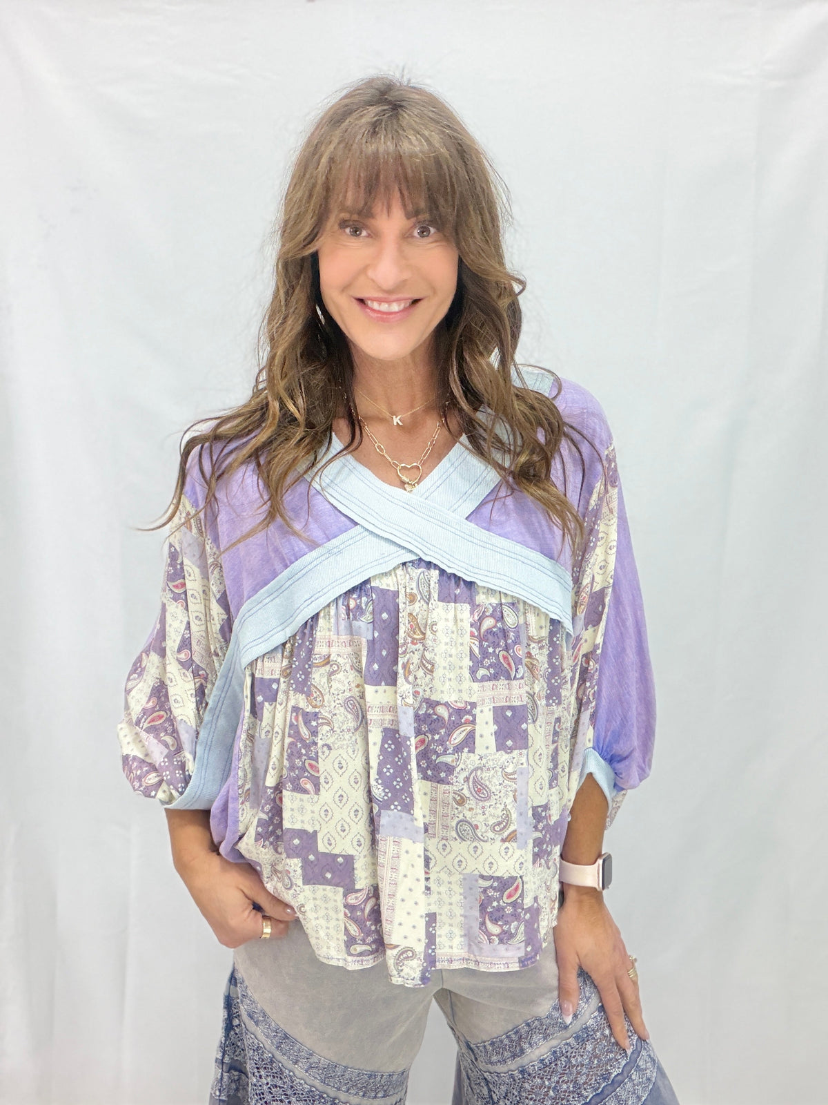 Oli & Hali Late One Night Crossed Patchwork Top In 2 Colors