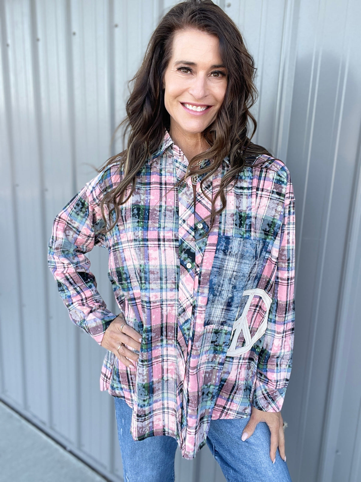 POL Groovy Grid Long Sleeve Plaid Cotton Button Up Top In 2 Colors: Blue, Pink *Final Sale*