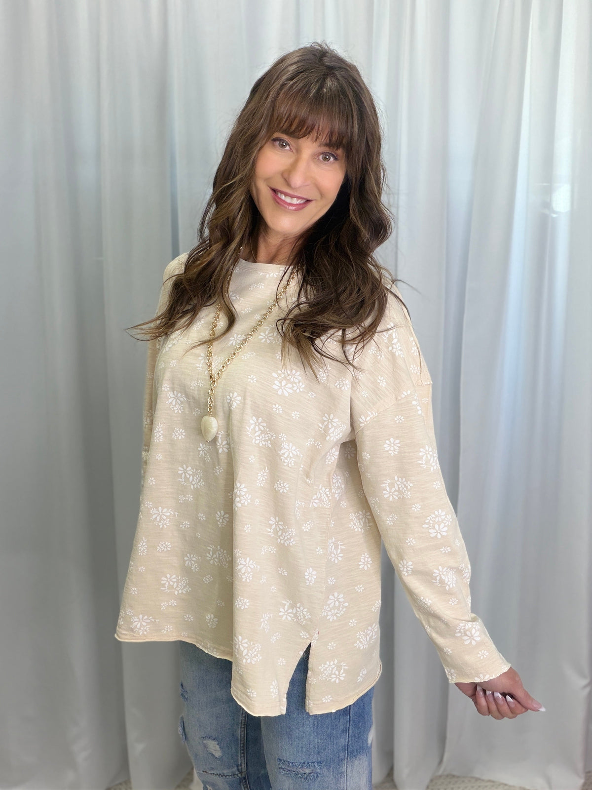 Floral Printed Slub Top In Natural