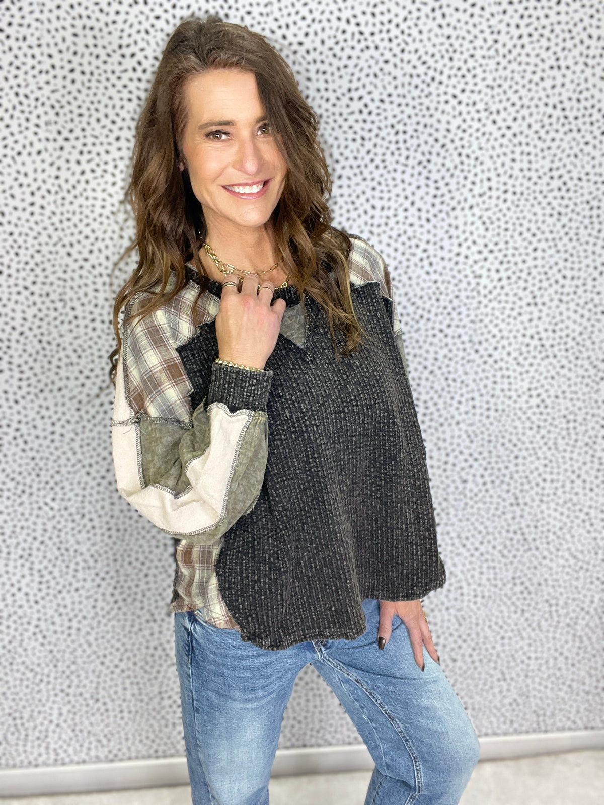 Oli & Hali Many Places Washed Plaid Mix Oversize Top In Black