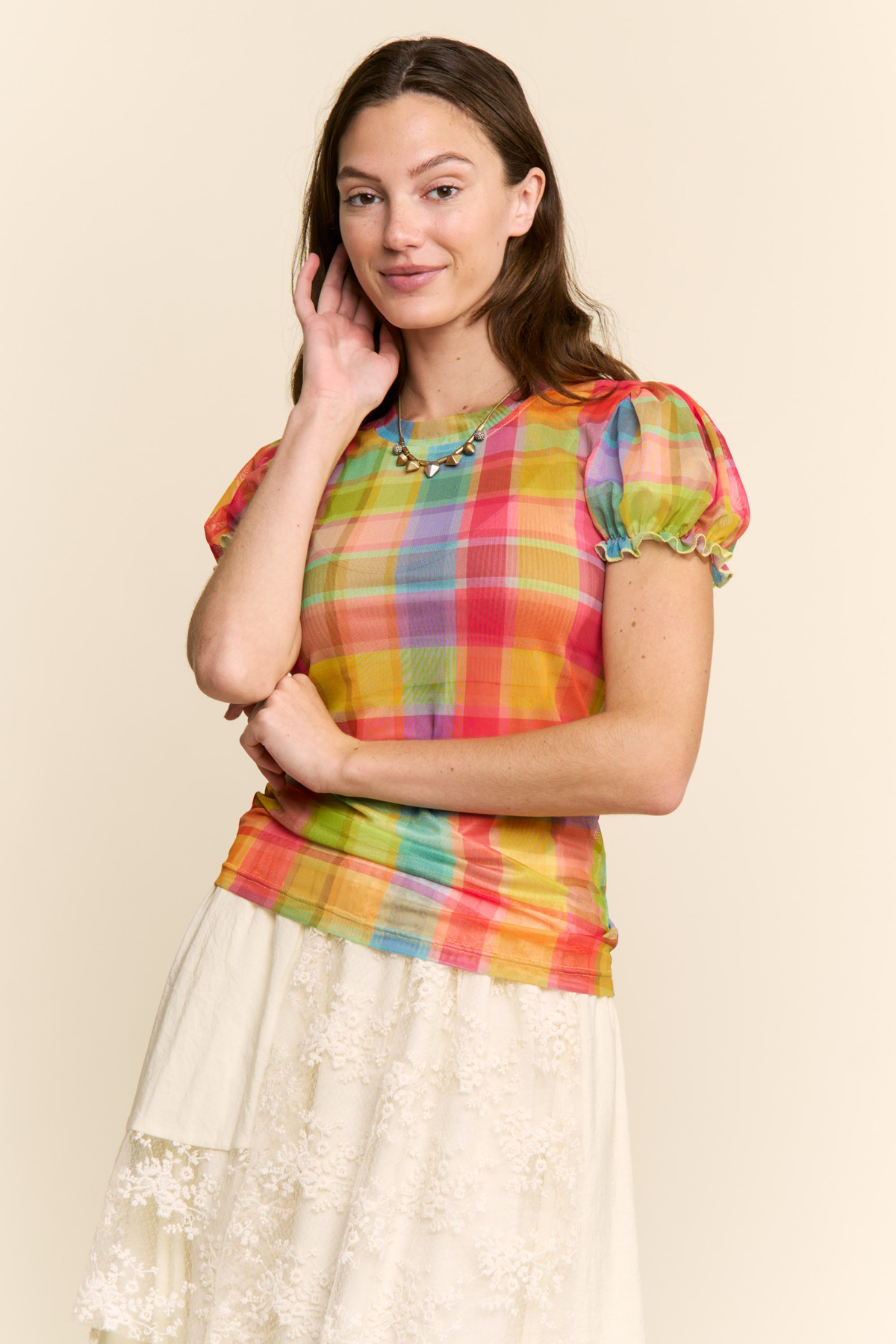 Multi Print Mesh Short Sleeve Top In 2 Colors