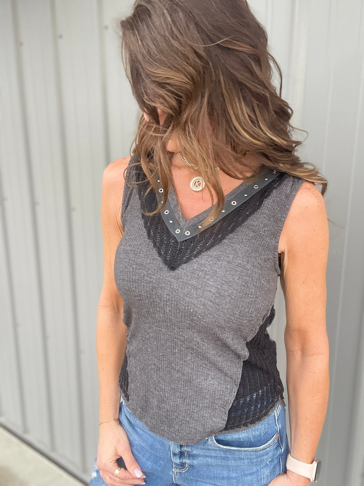 Pol Rock And Roll Sleeveless Top In Charcoal *Final Sale*