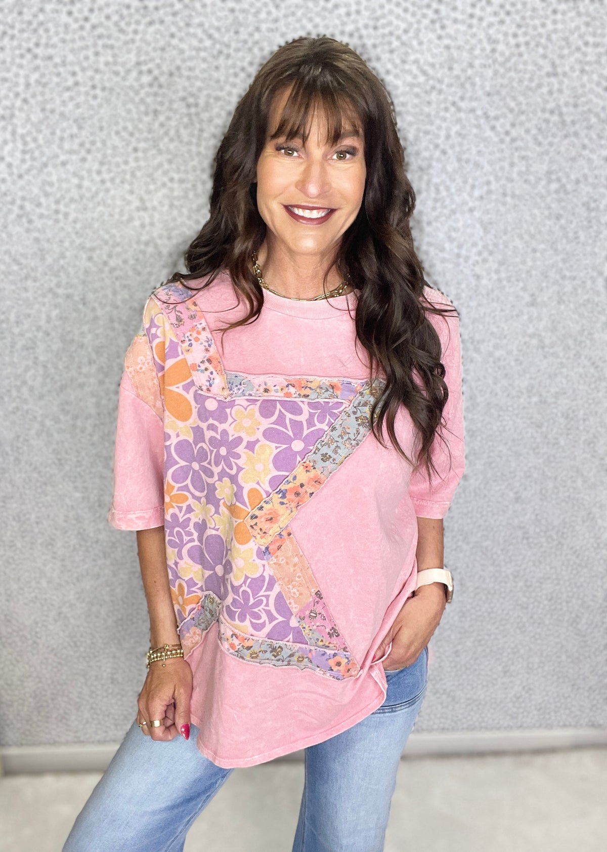 Starry Bloom Mineral Wash Star Floral Patch Tee In 4 Colors