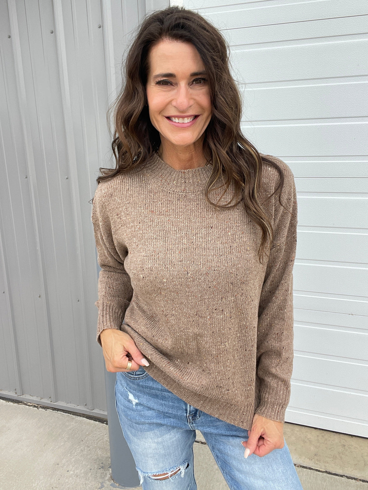 Give In Long Sleeve Speckled Sweater In 2 Colors: Oatmeal, Brown