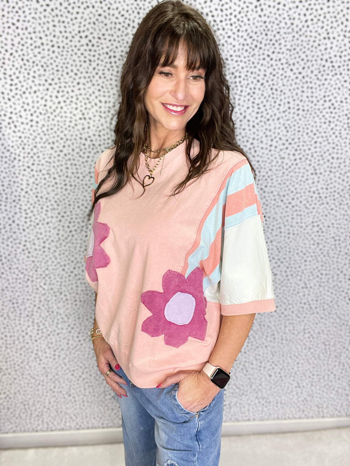 Blooming Marvelous Color Block Flower Patch Terry Knit Top In 3 Colors *Final Sale*