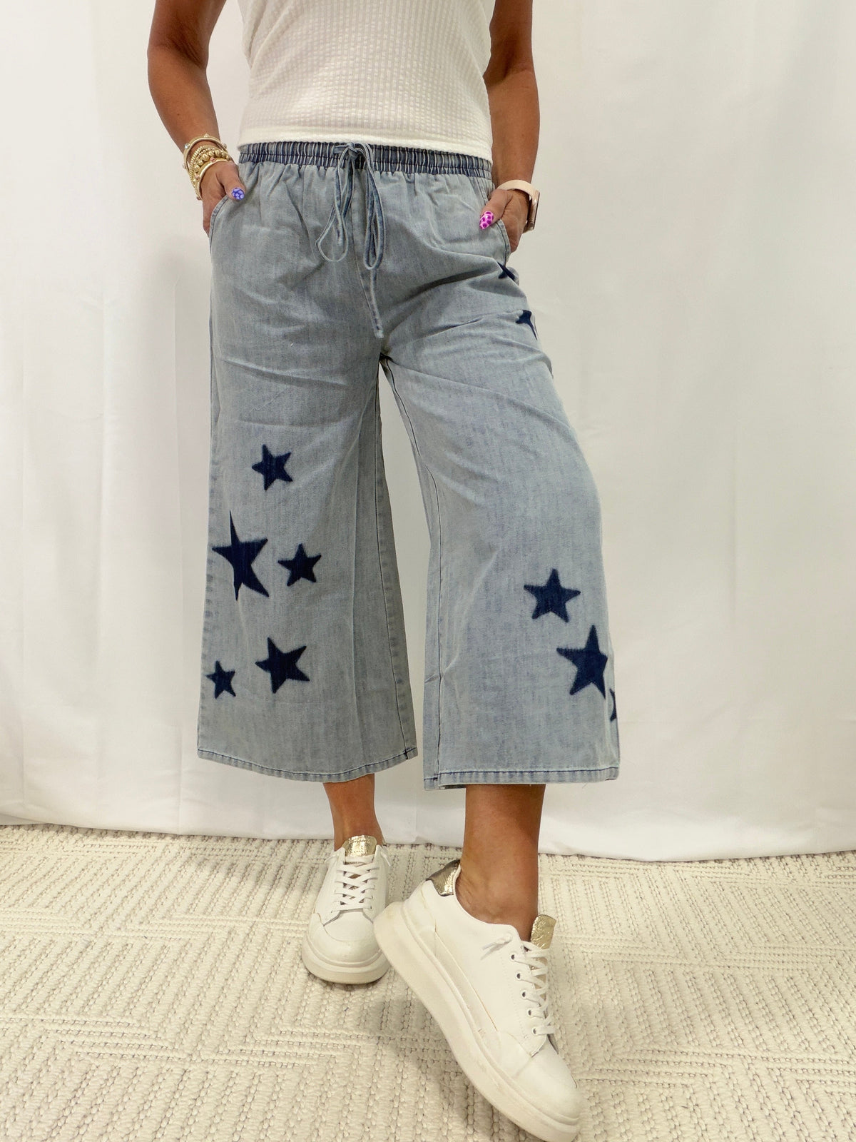 Chase My Dreams Starry Wide Leg Pants In Light Denim