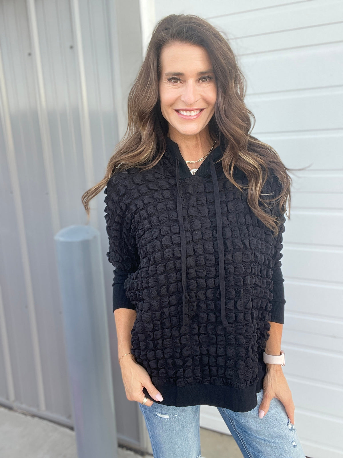 Bubbly Bliss Loose Fit Bubble Hoodie In 3 Colors: Black, Pink, Teal *Final Sale*