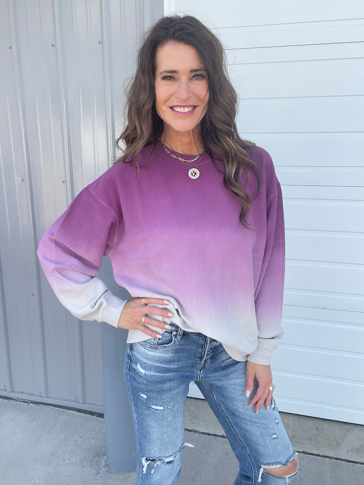 Ombre Plum Ice Snow Washed Corded Crewneck Pullover Sweatshirt *Final Sale*