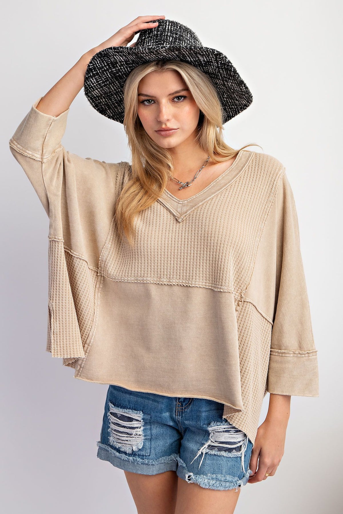Around Here Mineral Washed Mixed Fabric Short Sleeve Top in 4 Colors *Final Sale*