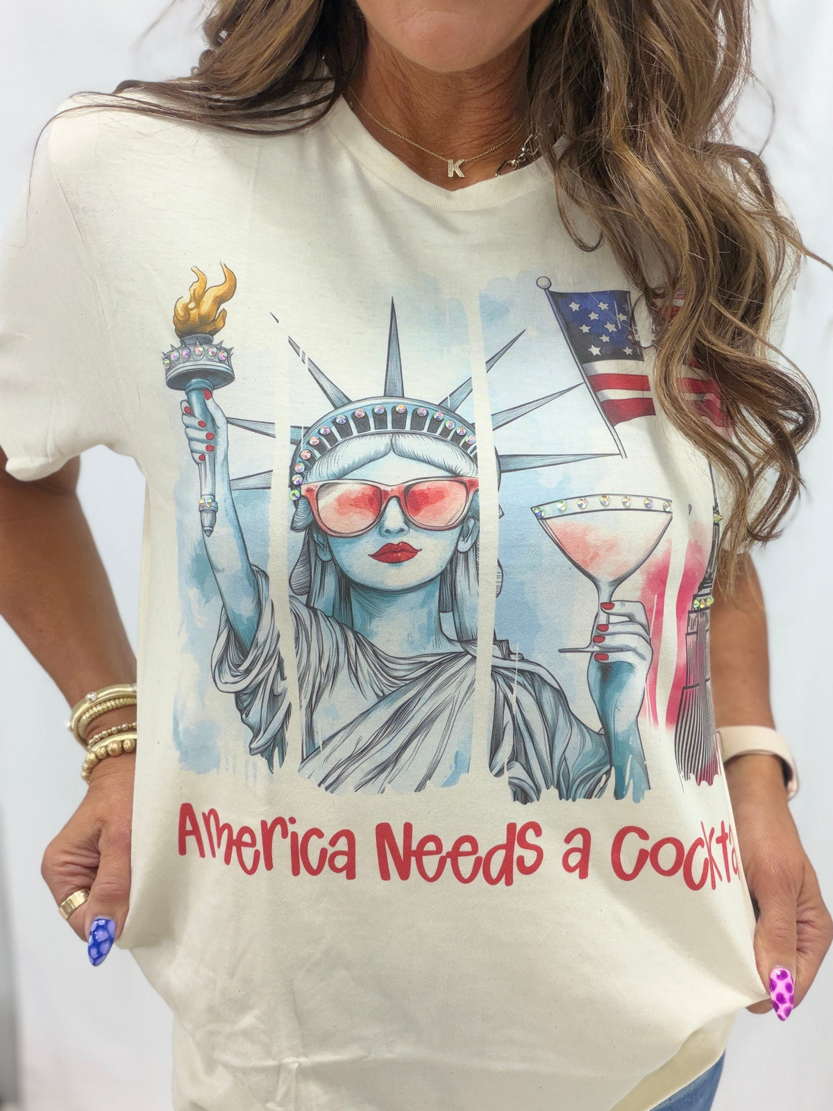 America Needs A Cocktail Crystal Bling Graphic Tee *Final Sale*