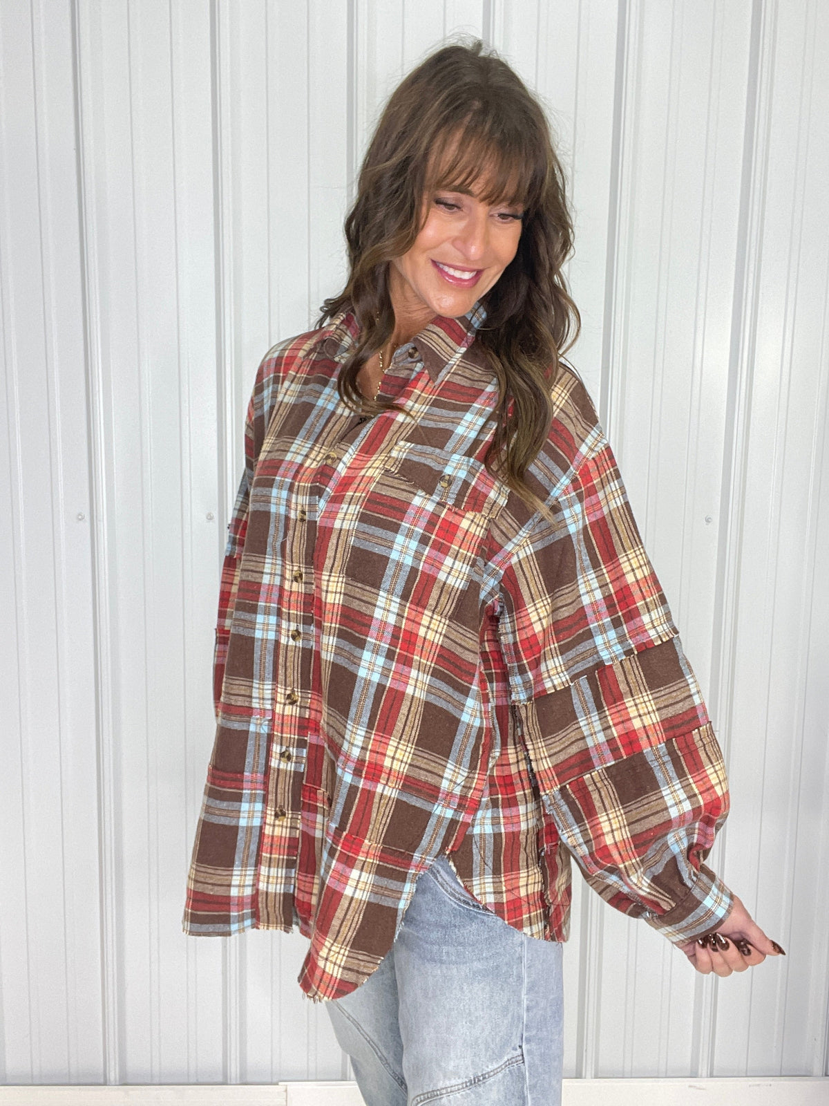 Small Town Feel Washed Plaid Top In Mocha