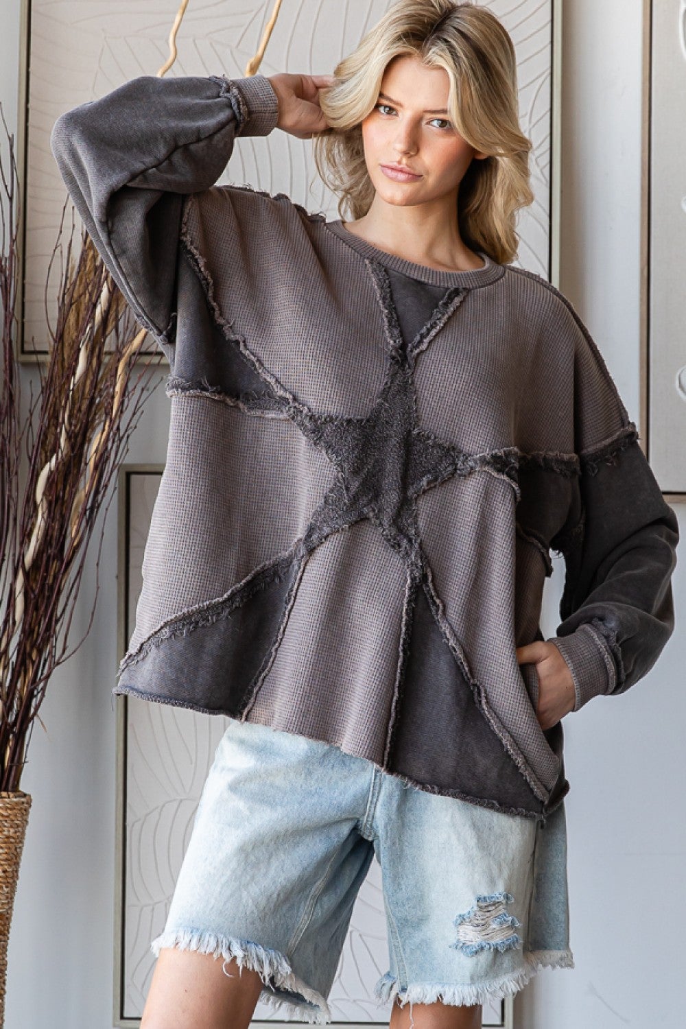 Oli & Hali Burst Of Shine Mineral Washed Knit Crewneck Top In Grey *Final Sale*