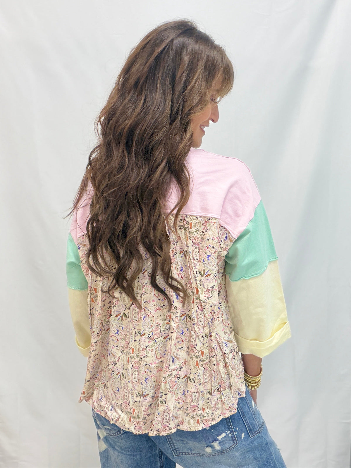Boho Bliss Print Mix Color Block Terry Knit Henley In 3 Colors