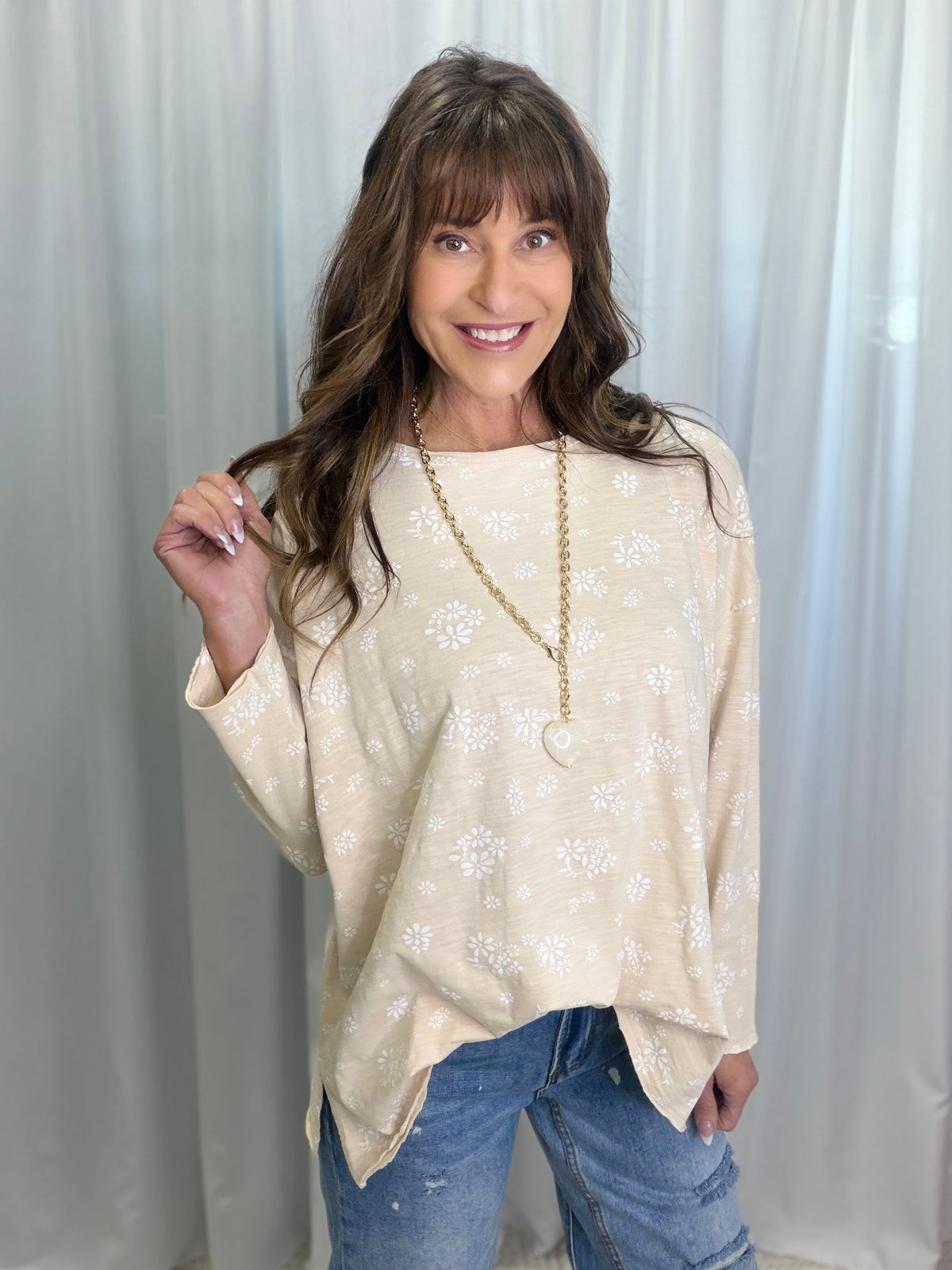 Floral Printed Slub Top In Natural