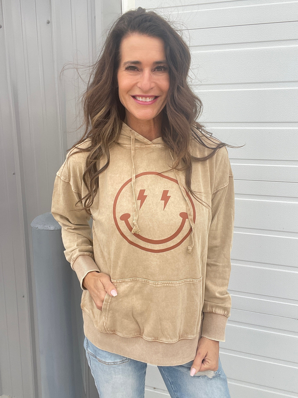 Happy All Around Mineral Washed Hoodie In 4 Colors: Camel, Coral, Smoke, Blue *Final Sale*
