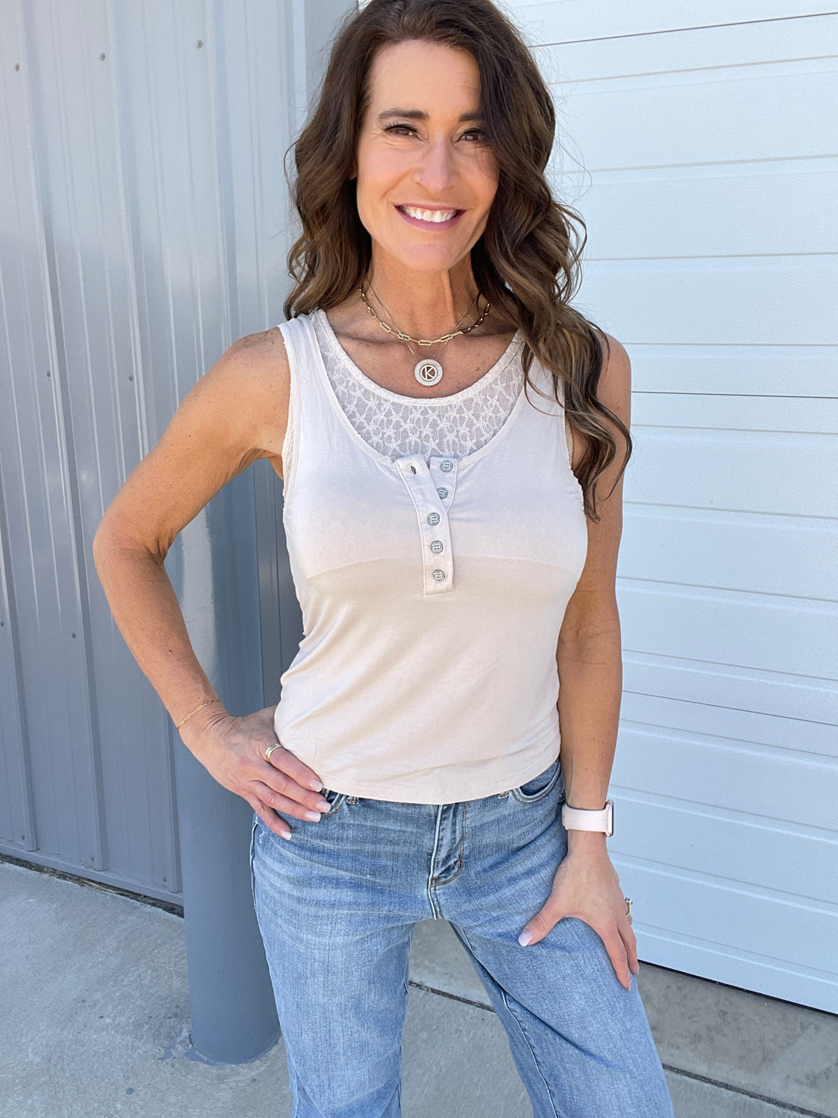 Pol Delicate Charm Lace Inset Tank Top In 2 Colors: Oatmeal, Off White