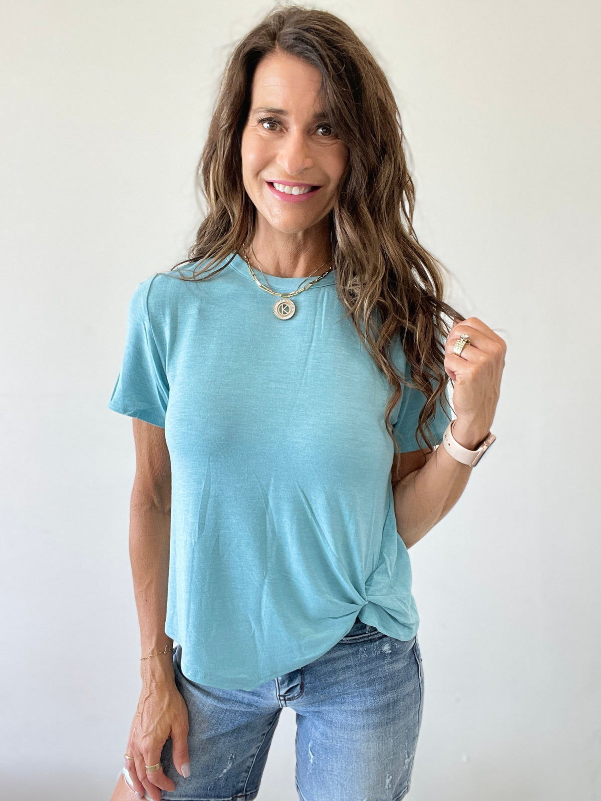 Tee Shirt With A Twist Top In 5 Colors: Blue, Coral, Mint, Pink, White