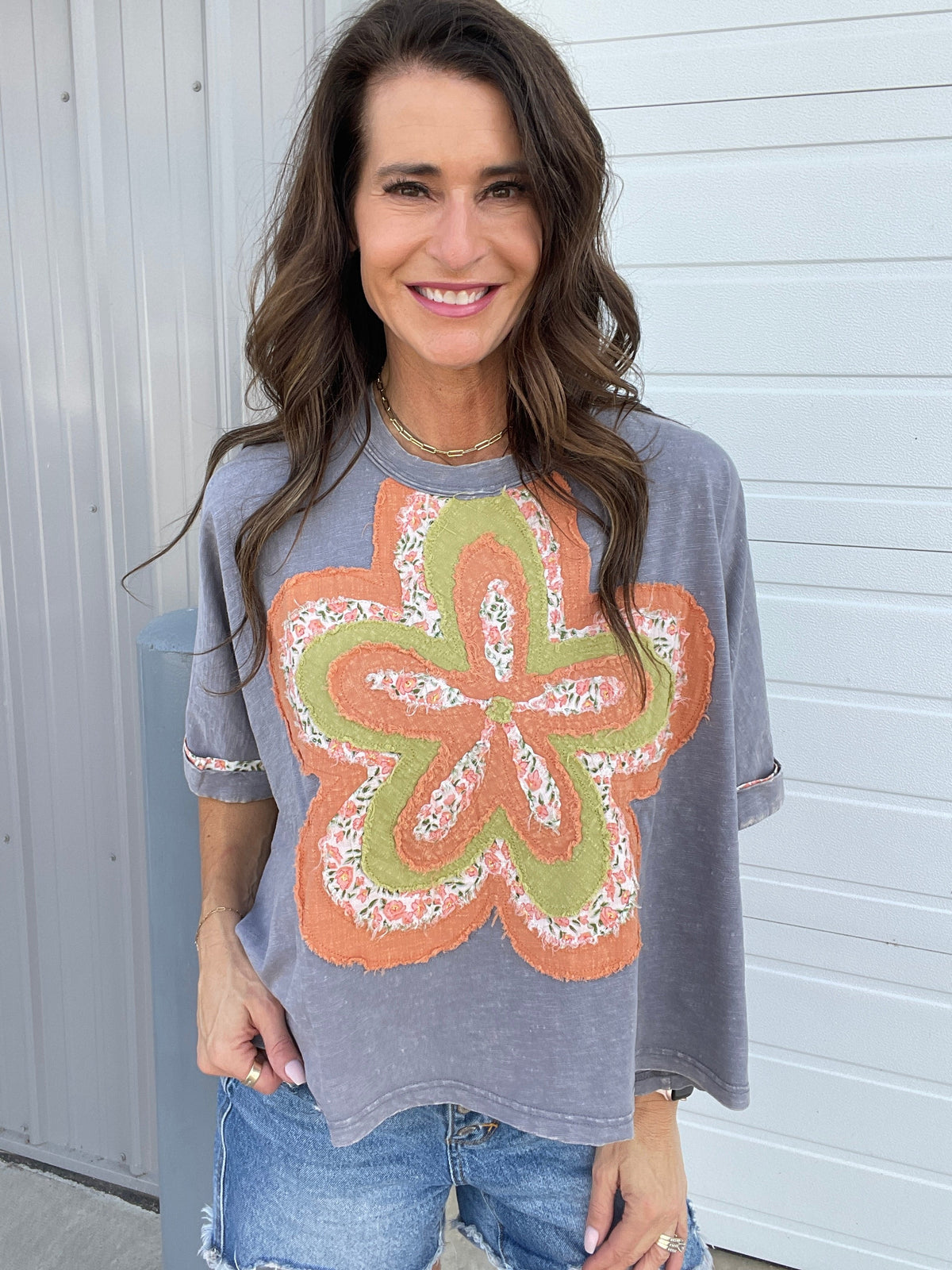 Bloom With Love Flower Patch Top In 6 Colors: Cream, Khaki, Slate, Magenta, Green, Pink *Final Sale*