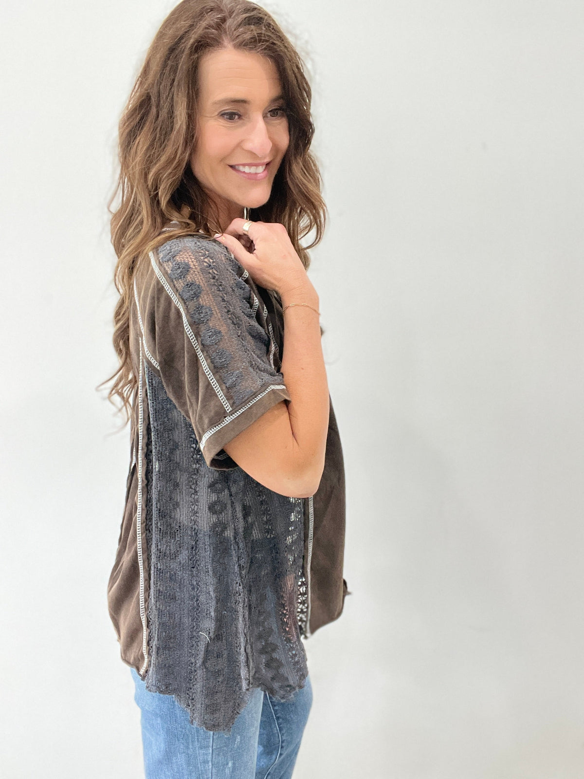 Pol Loose And Lacy Short Sleeve Top In 2 Colors: Black, Green *Final Sale*