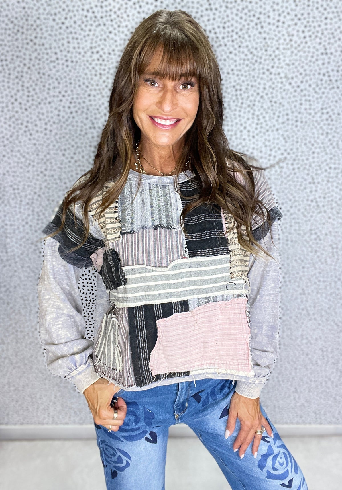 Oli & Hali What You Though Patchwork Long Sleeve Top In Dolphin *Final Sale*