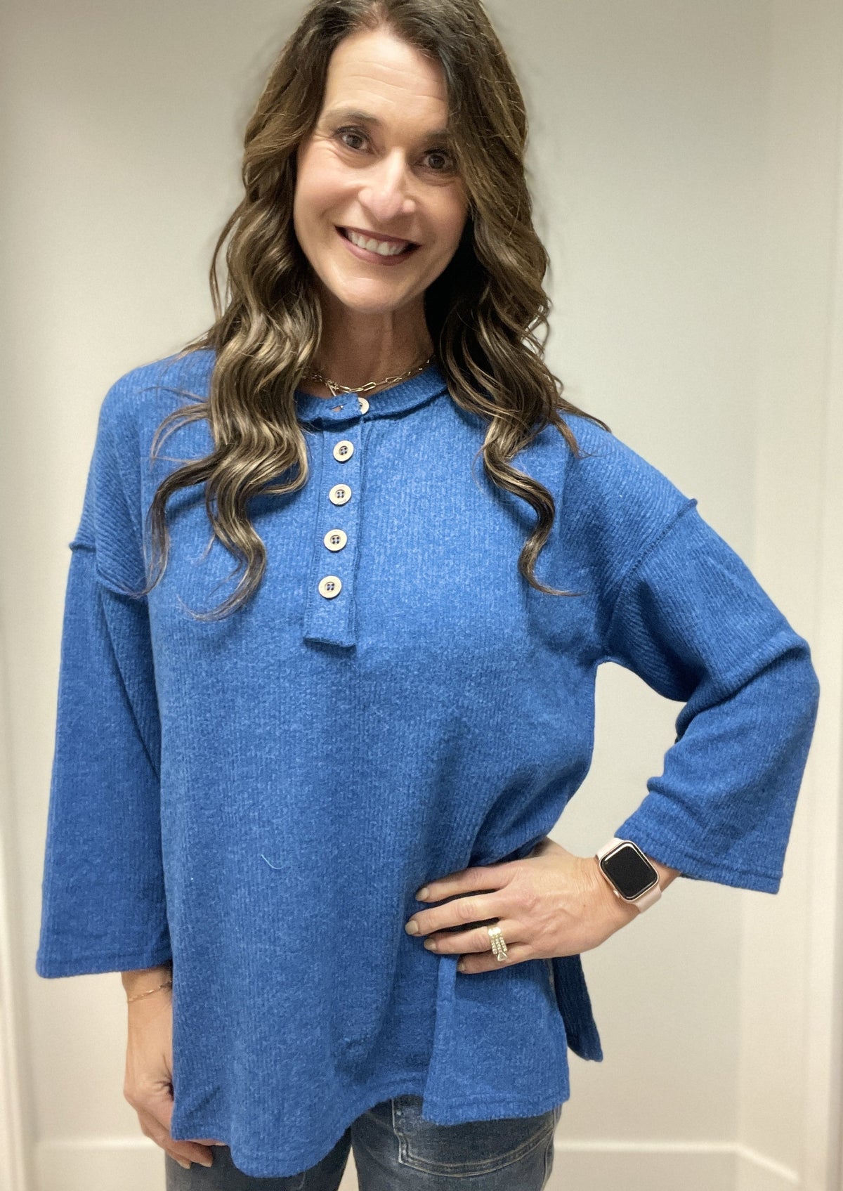 Button Me Up Brushed Ribbed Top in Royal Blue *Final Sale*