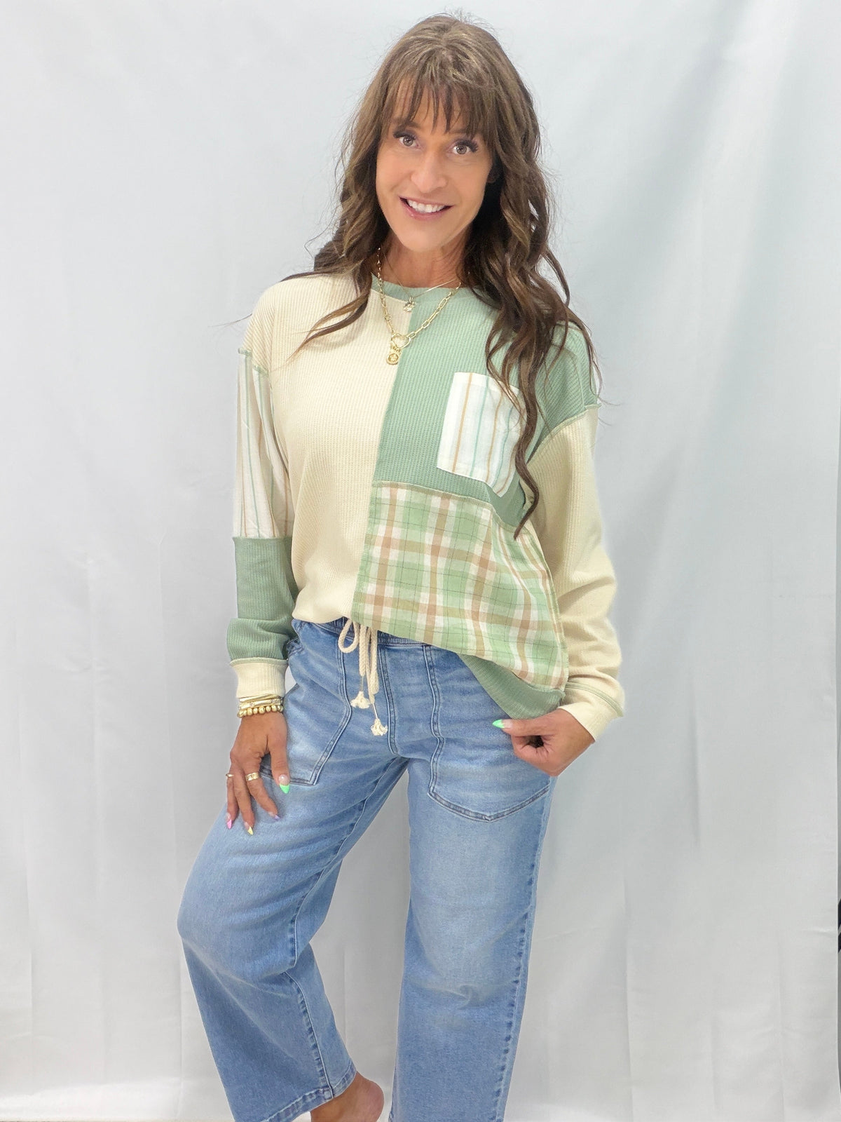 End Up In That Place Patchwork Long Sleeve Top In 2 Colors