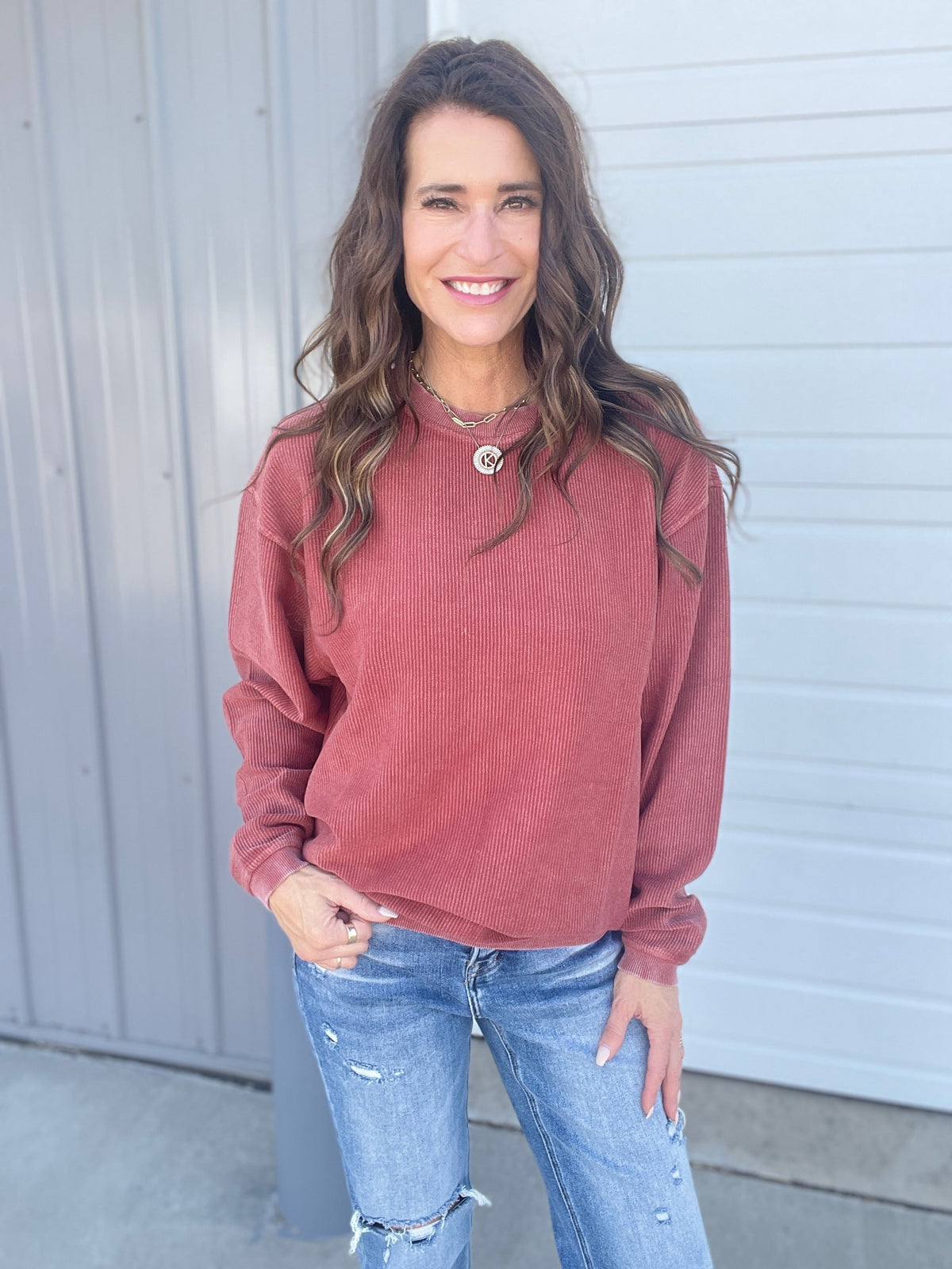 Fired Brick Snow Washed Corded Crewneck Pullover Sweatshirt