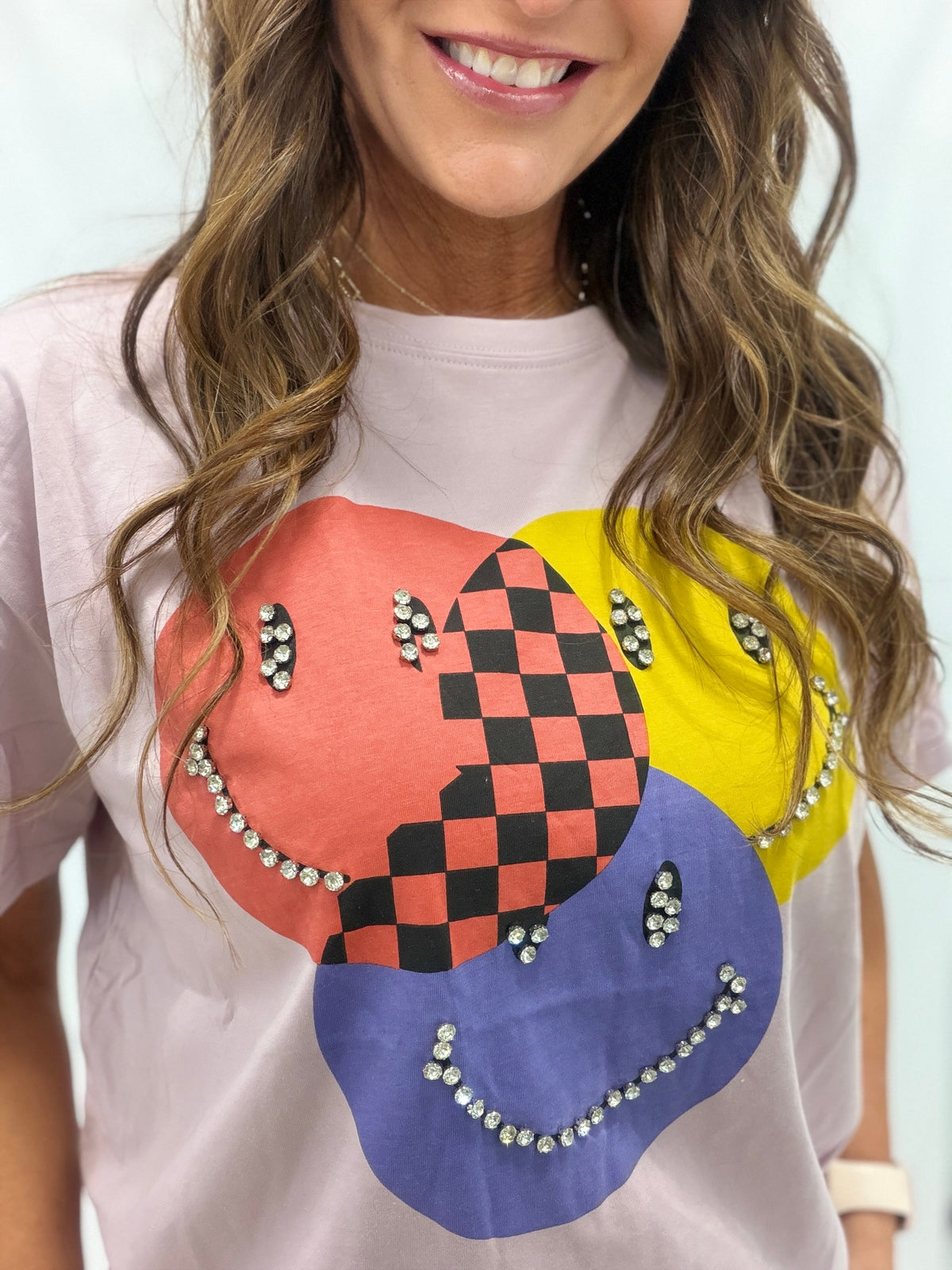 Meet Me Halfway Besazzled Smiley Face Top In Mauve