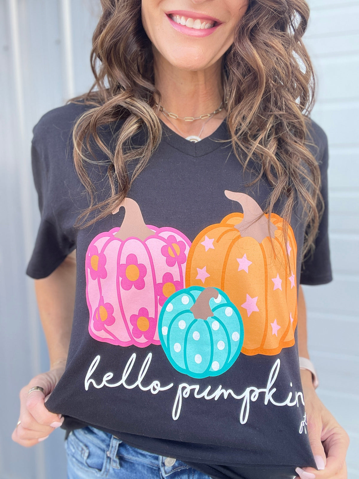 Hello Pumpkin Graphic V Neck Tee Shirt *Final Sale*
