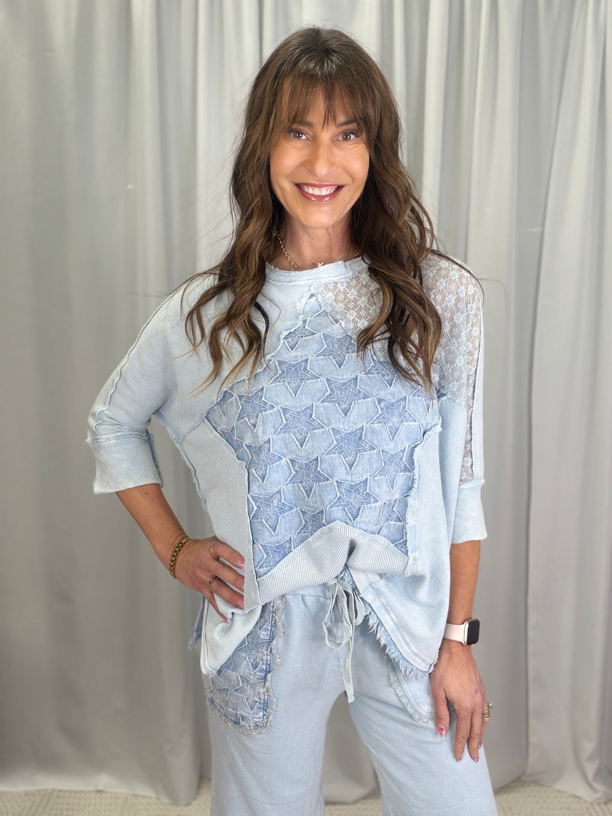 Star Patchwork Quarter Sleeve Top In 3 Colors