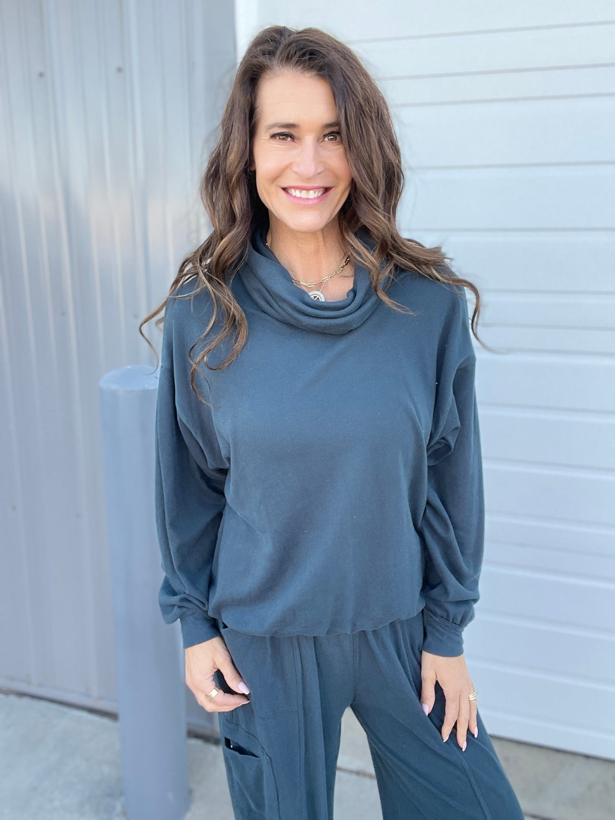 Moving On Brushed Hacci Top In 3 Colors: Charcoal, Cinnamon, Teal *Final Sale*