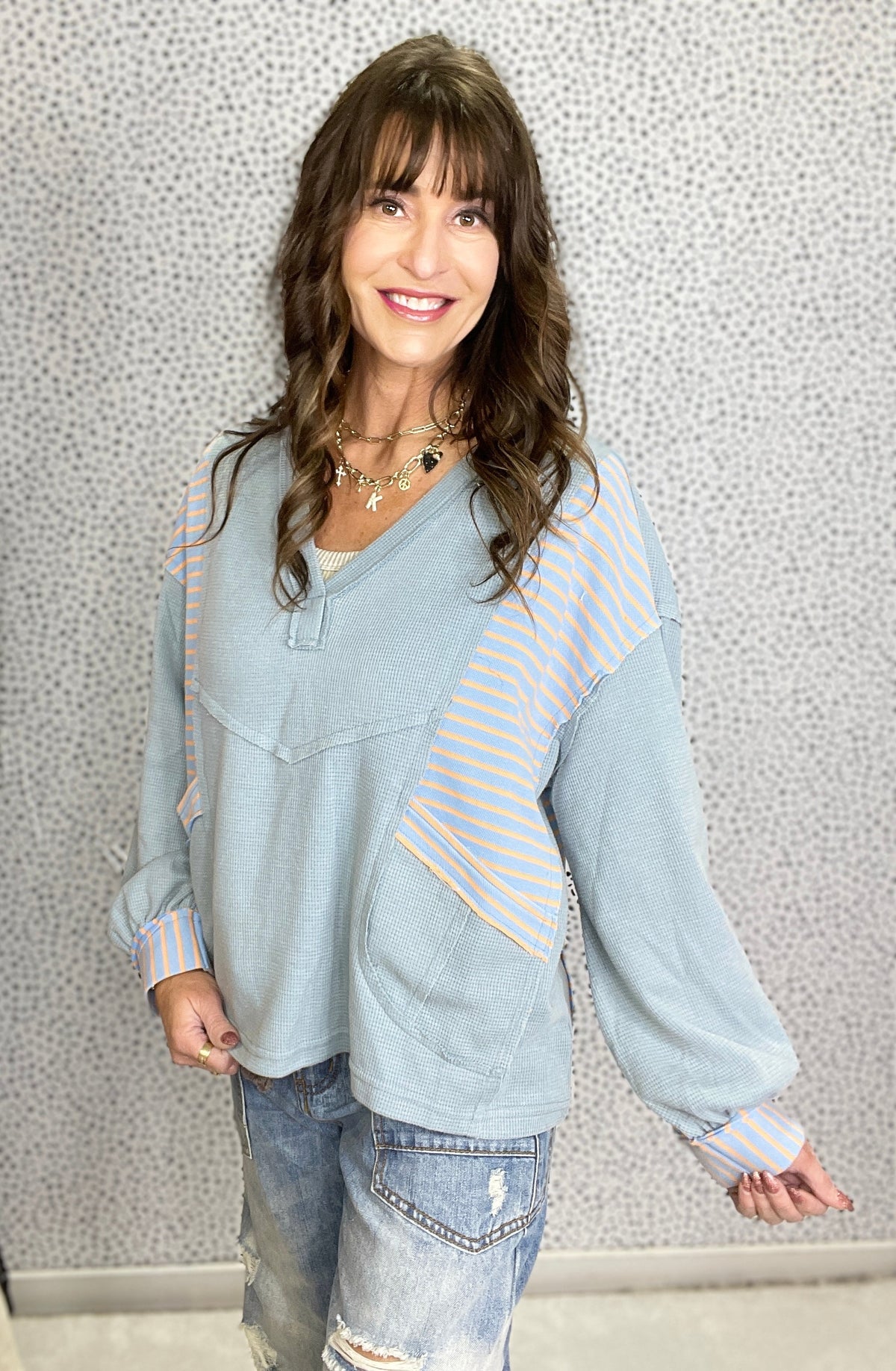 POL Woven Whimsy V-Neck Long Sleeve Top In Blue *Final Sale*