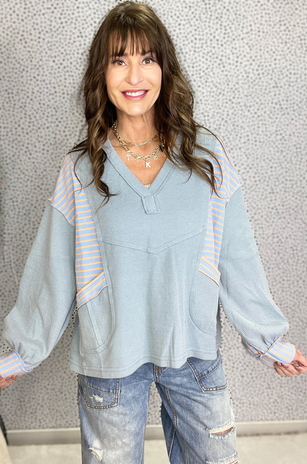 POL Woven Whimsy V-Neck Long Sleeve Top In Blue *Final Sale*