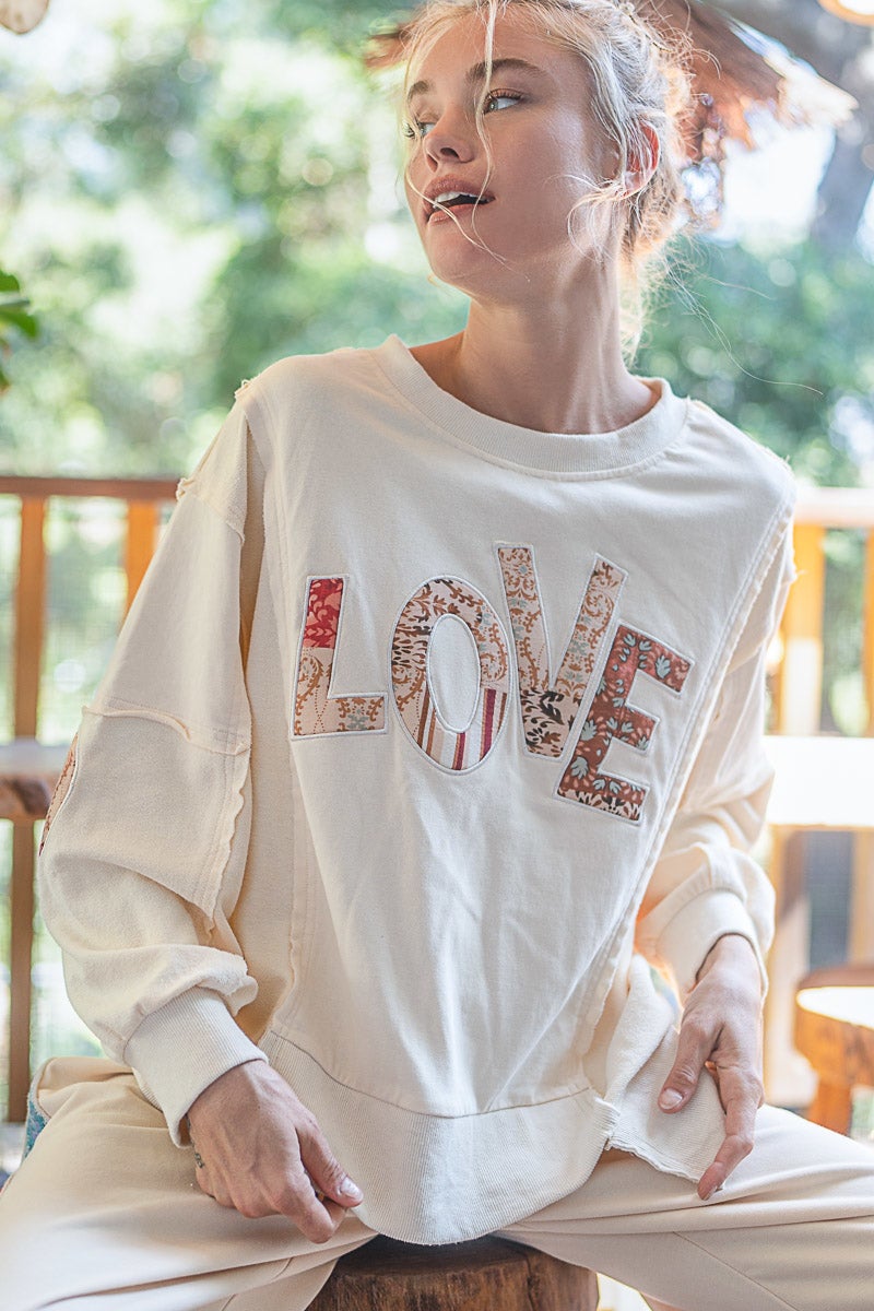 POL Endless Love Long Sleeve Knit Crewneck Love Patch Top In 2 Colors: Cream, Grey *Final Sale*