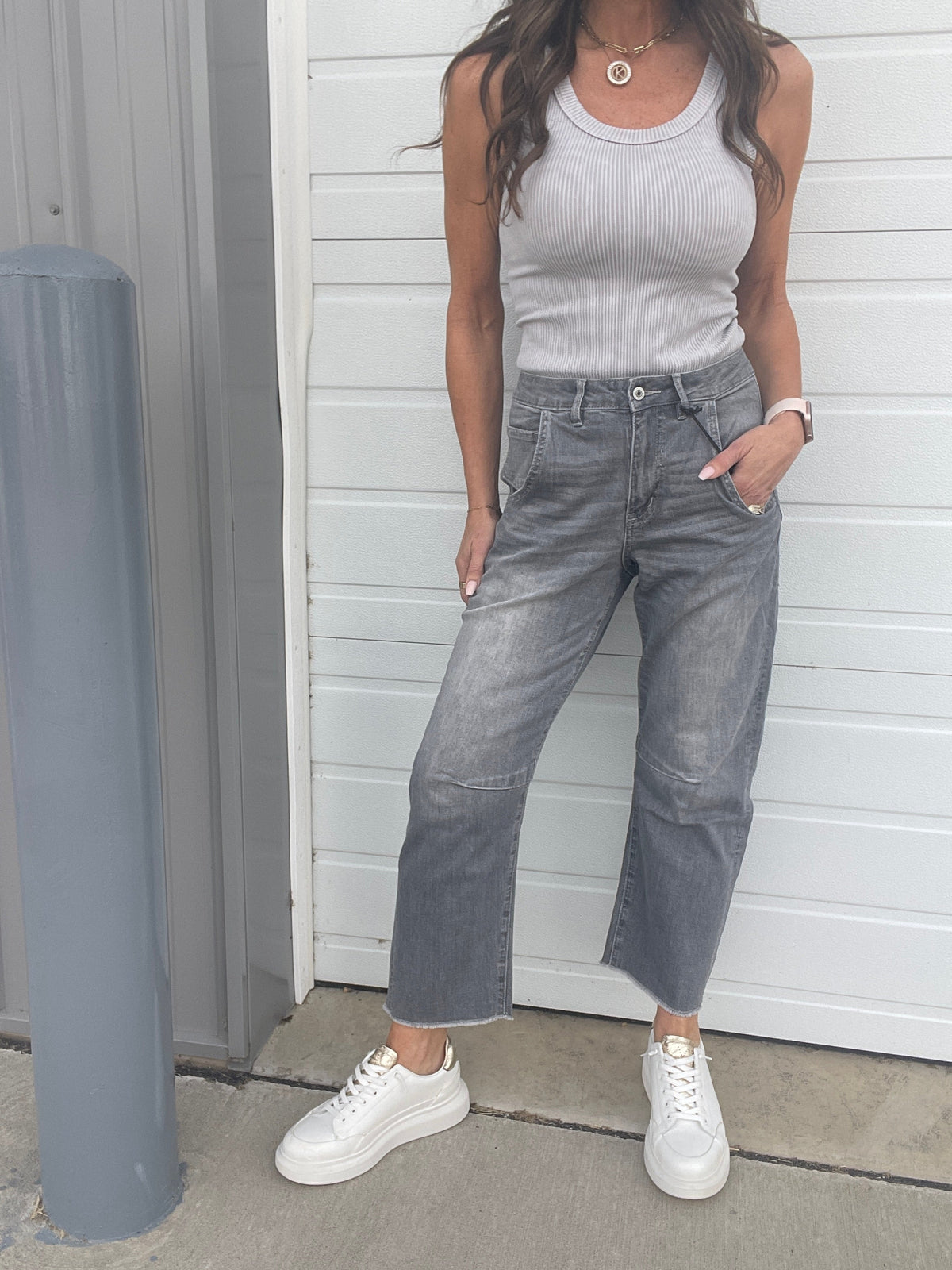Mica Bailey Super High Barrel Leg Jeans 229 In Gray *Final Sale*